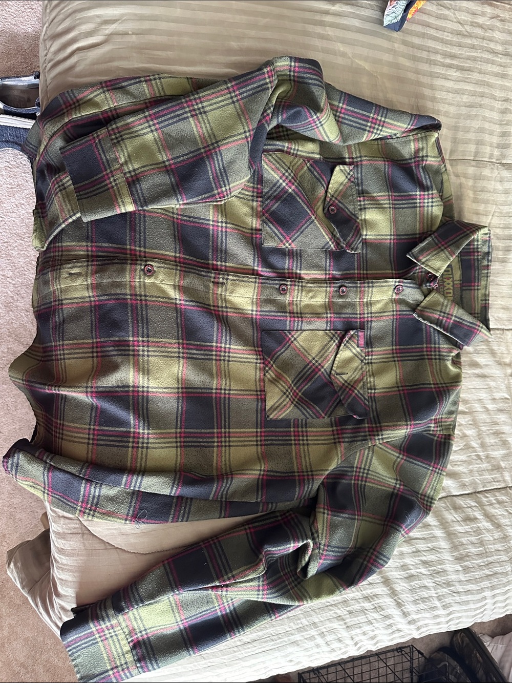 DIXXON Olive Green Plaid Button-Down Shirt with Black and Red Accents - Picture 2 of 4